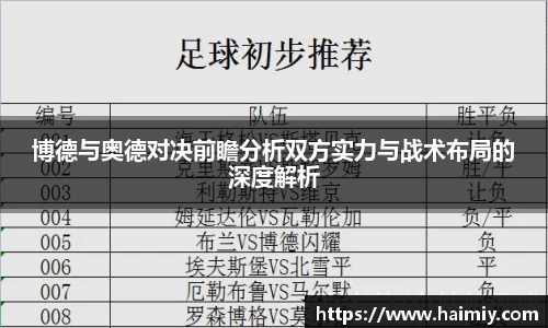 博德与奥德对决前瞻分析双方实力与战术布局的深度解析